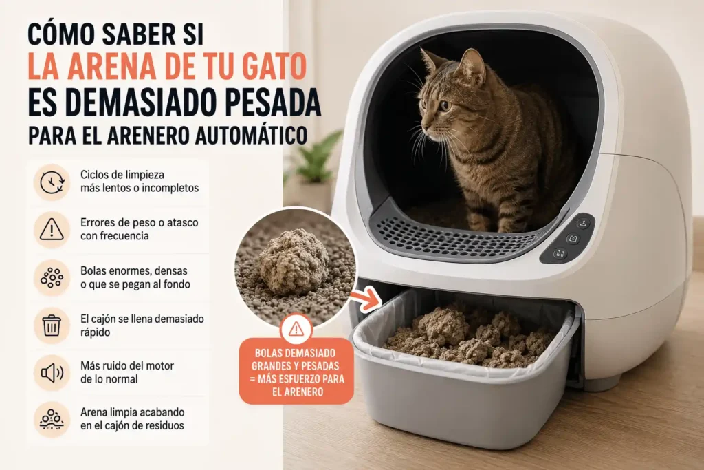 Infografía sobre señales de que la arena del gato es demasiado pesada para un arenero automático