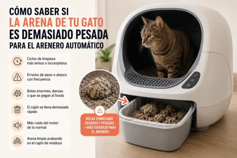 Infografía sobre señales de que la arena del gato es demasiado pesada para un arenero automático