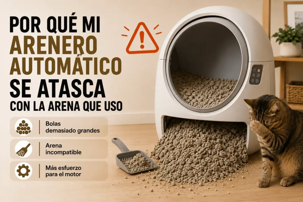 Arenero automático atascado con la arena que usa el gato