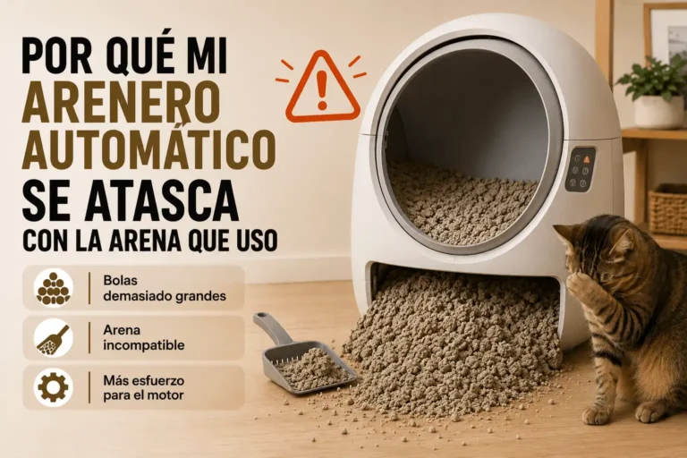 Arenero automático atascado con la arena que usa el gato